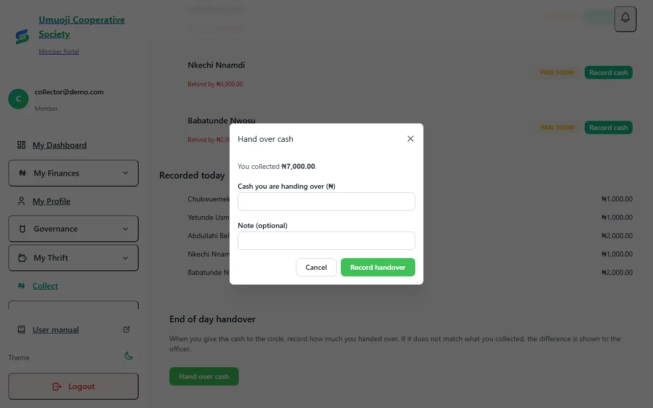 The Hand over cash dialog on the Collect page: it says what the collector collected today, and asks for the cash being handed over and an optional note, with Cancel and Record handover buttons.
