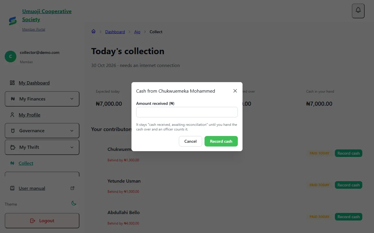 The Record cash window for one saver, with a box for the amount received in naira.