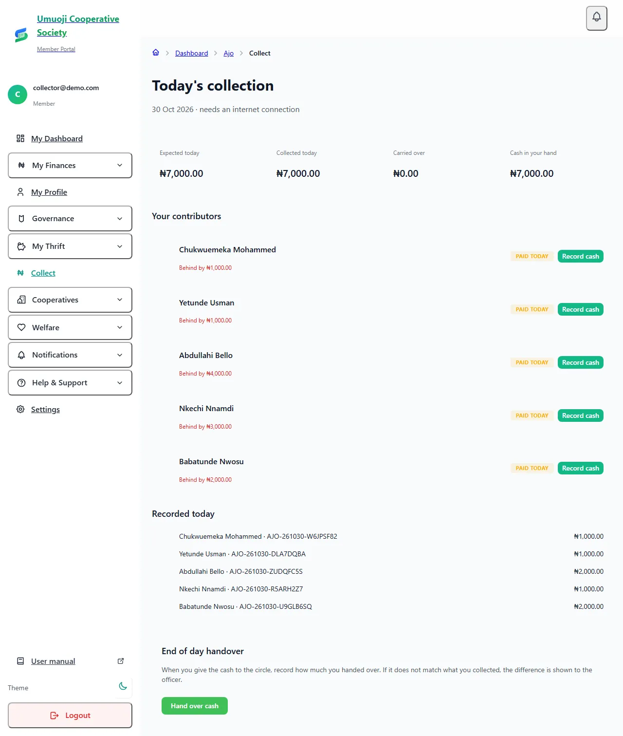 The Today's collection page showing Expected today, Collected today, Carried over and Cash in your hand, and a list of savers each with a Record cash button.