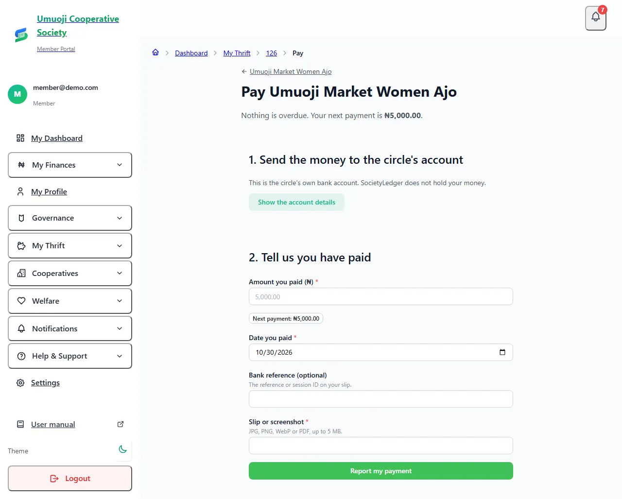 The Pay page for a rotating pot with two steps: show the circle's account details, then report your payment with the amount, the date, an optional bank reference and a slip.