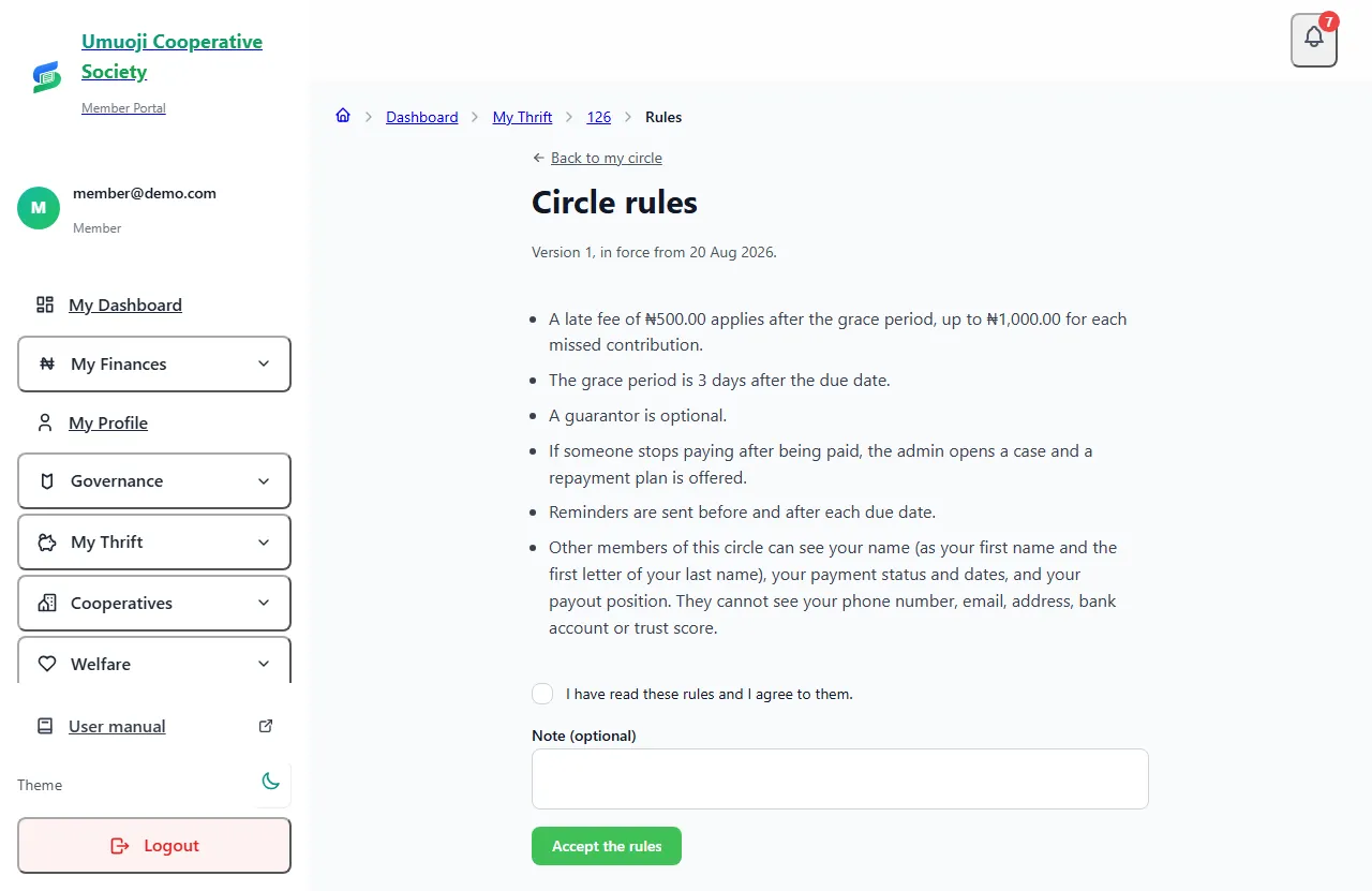 A member's Circle rules page showing Version 1 in force from 20 August 2026, each rule written in a sentence, a tick box saying I have read these rules and I agree to them, an optional note, and an Accept the rules button.