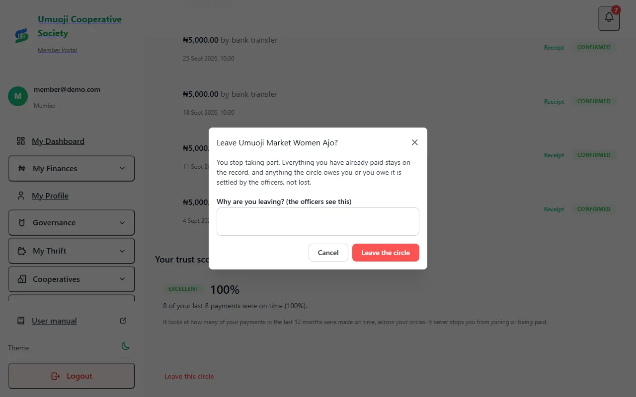 The Leave Umuoji Market Women Ajo dialog: it explains that everything already paid stays on the record, asks Why are you leaving, and has Cancel and Leave the circle buttons.