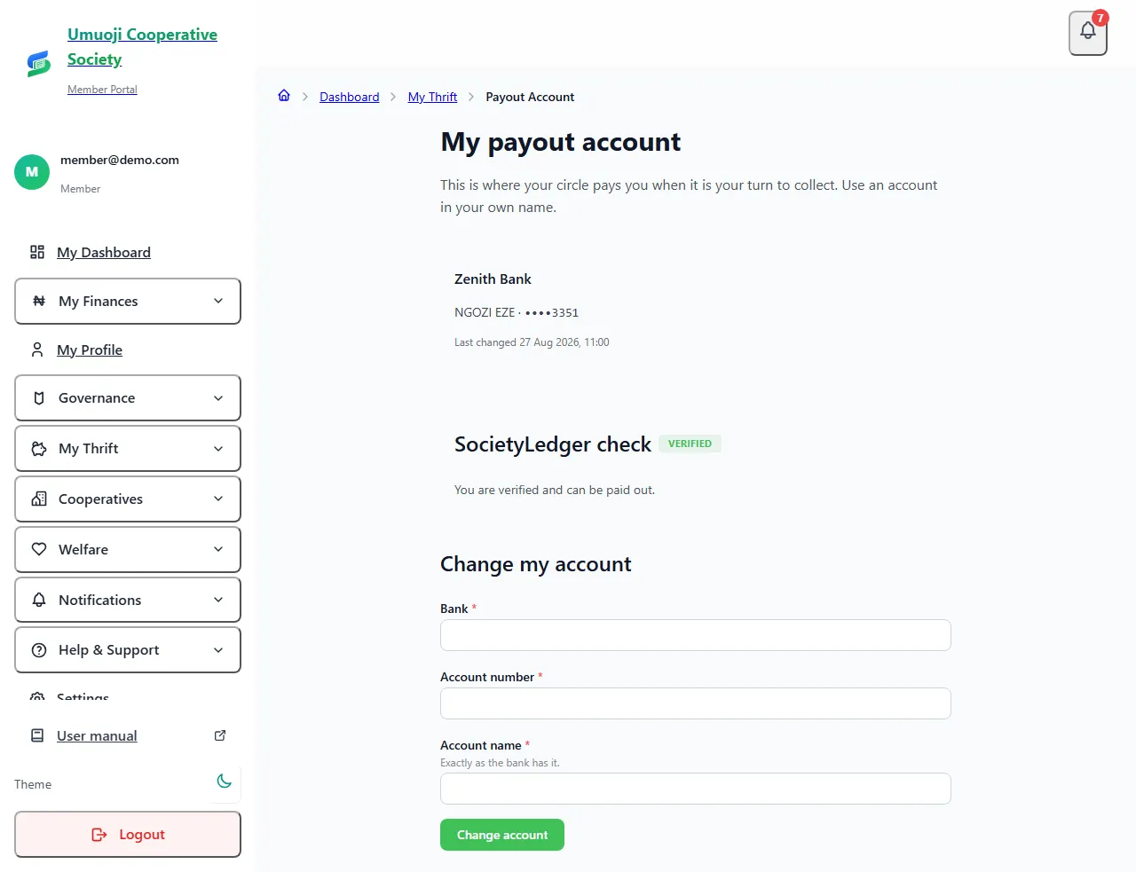 The My payout account page showing a bank and masked account number, when it was last changed, a SocietyLedger check marked Verified with the message You are verified and can be paid out, and a form to change the account.