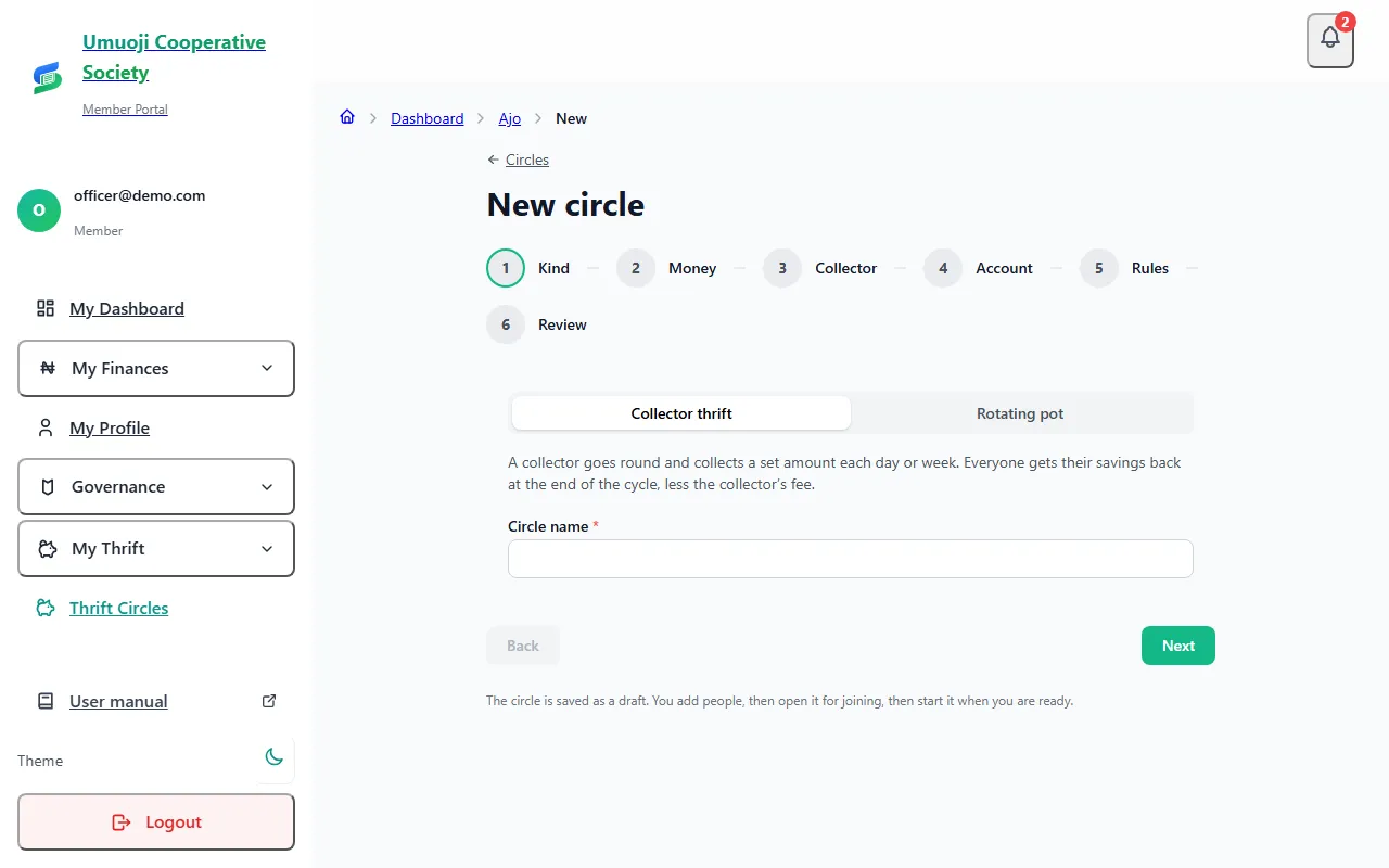 The New circle page, where you choose between a rotating pot and collector thrift before entering the amounts and dates.