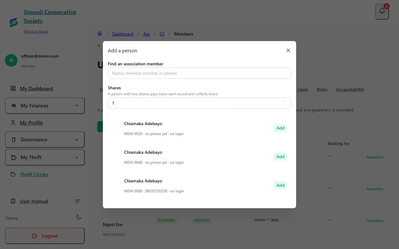 The Add a person window with a search box for an association member and a field for shares.