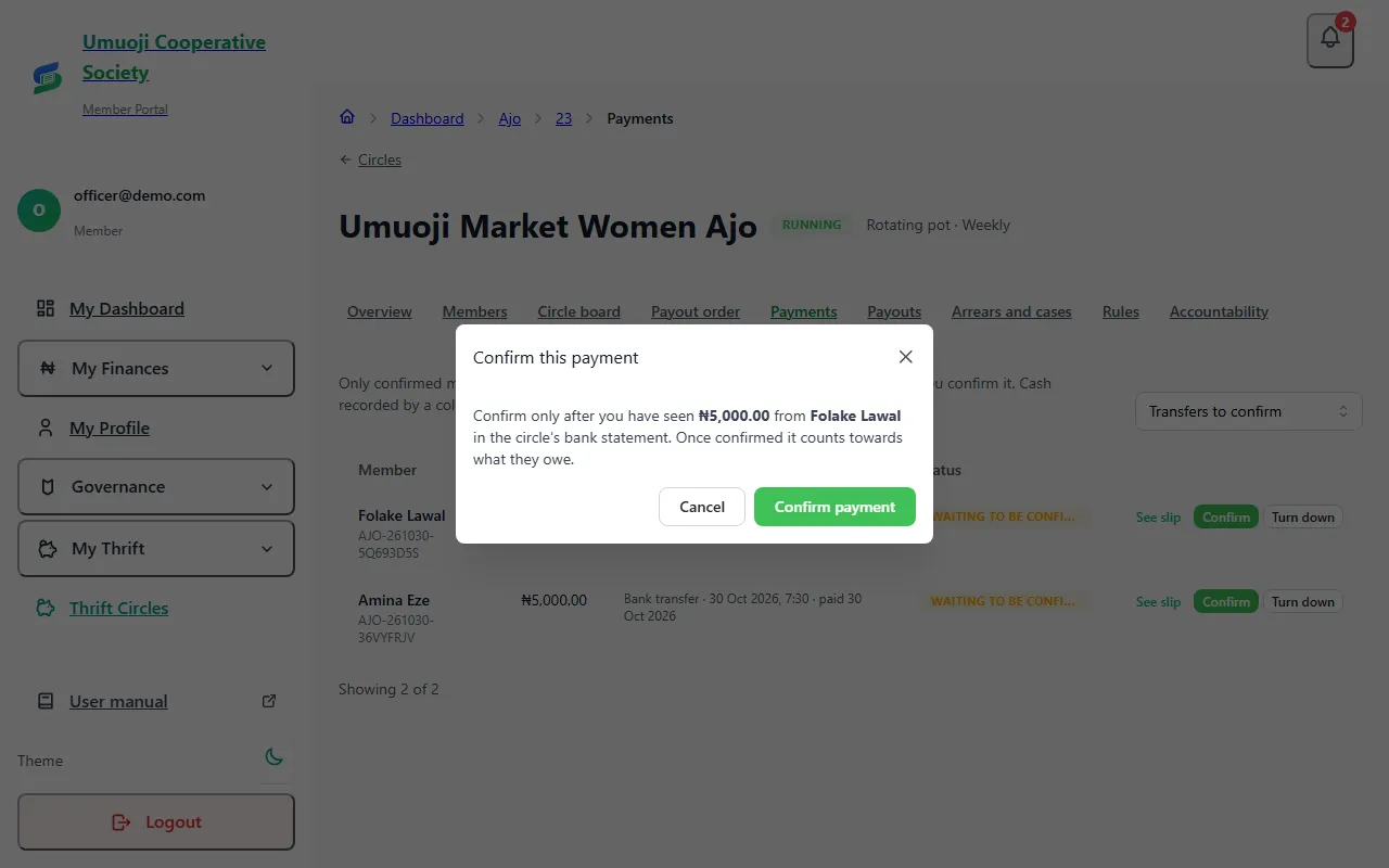 The Confirm this payment window, reminding the officer to confirm only after seeing the amount in the circle's bank statement, with a box for how you checked.