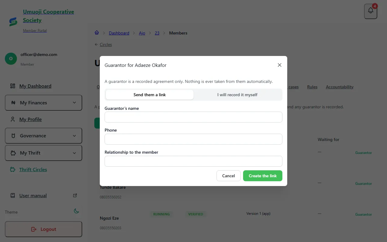 The Guarantor dialog for a member: a note that a guarantor is a recorded agreement only, a choice between Send them a link and I will record it myself, and fields for the guarantor's name, phone and relationship.