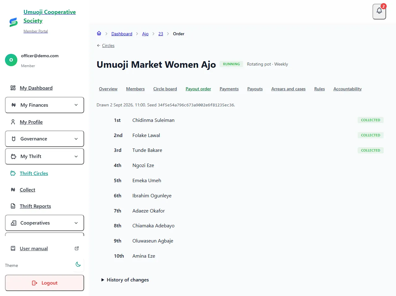 The Payout order page listing ten people from 1st to 10th, with the first three marked Collected, and a line at the top giving when the order was drawn and its seed.