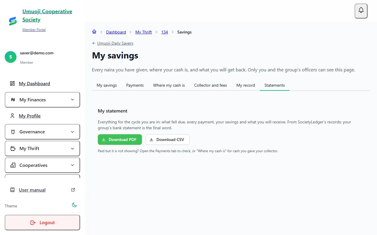 The Statements tab of My savings: My statement, with a note that it is from SocietyLedger's records and the group's bank statement is the final word, and Download PDF and Download CSV buttons.