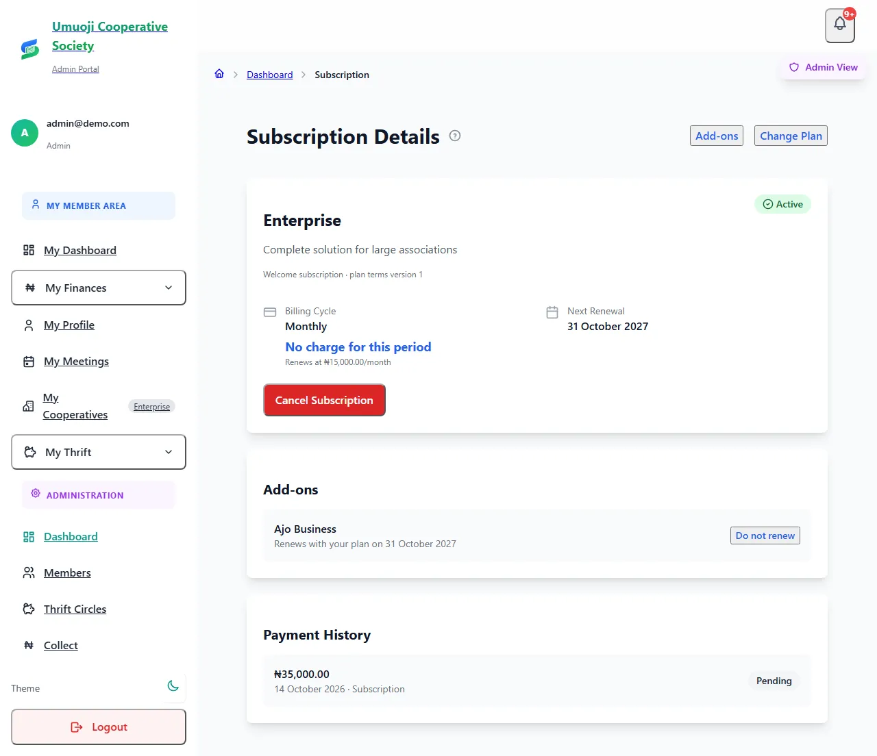 The Subscription page showing the Enterprise plan, its renewal date, and an Add-ons section listing Ajo Business with a Do not renew button.