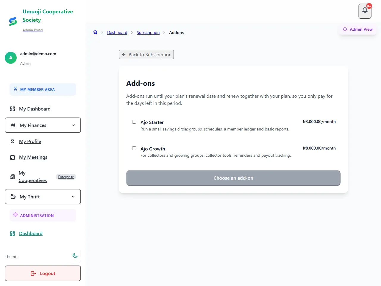 The Add-ons page listing Ajo Starter at ₦3,000.00 a month and Ajo Growth at ₦8,000.00 a month, each with a tick box, and a Choose an add-on button.