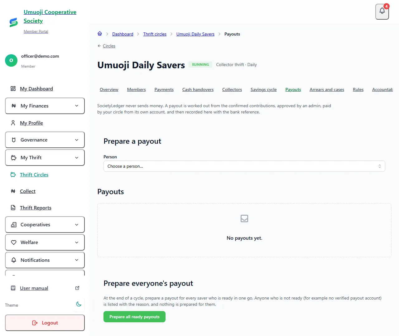 The Payouts page of a collector-thrift circle, with Prepare a payout, an empty Payouts list, and a Prepare everyone's payout section with a Prepare all ready payouts button.